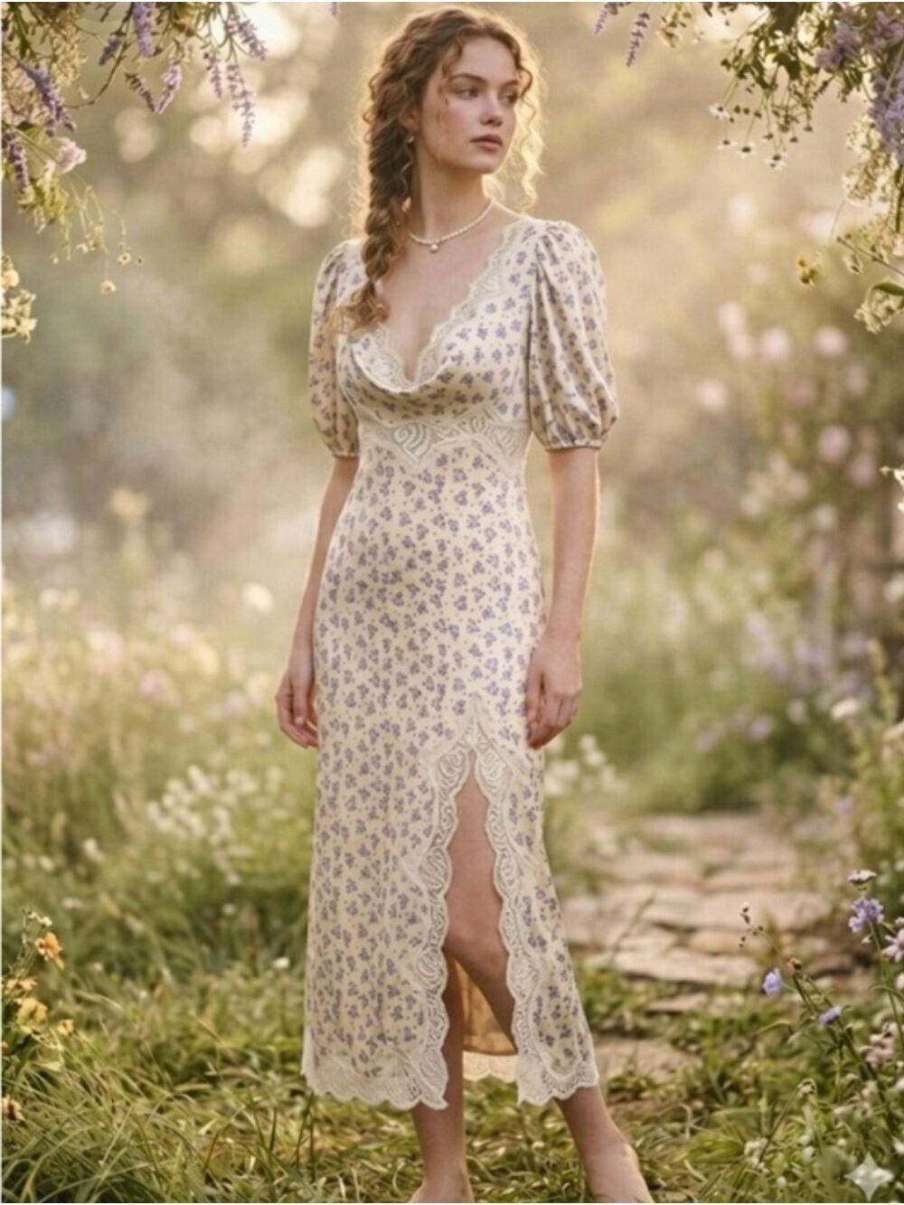 Urban Outfitters Lauren Lace Trim Floral V Neck Midi Dress Ivory Blue, Size S